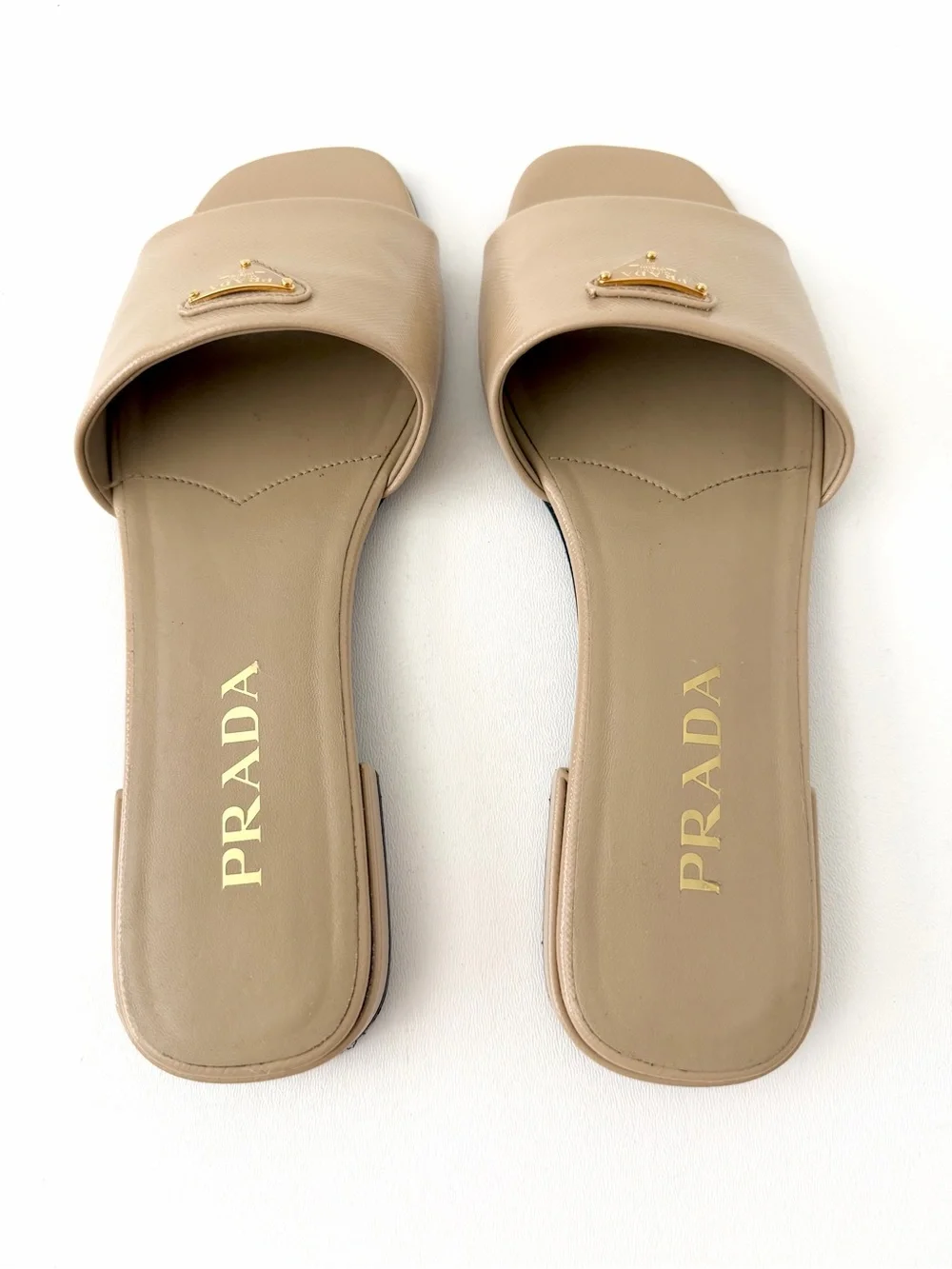 PRADA | Saffiano Patent Leather Triangle Logo Slides Sandals Flats Beige Sand 38